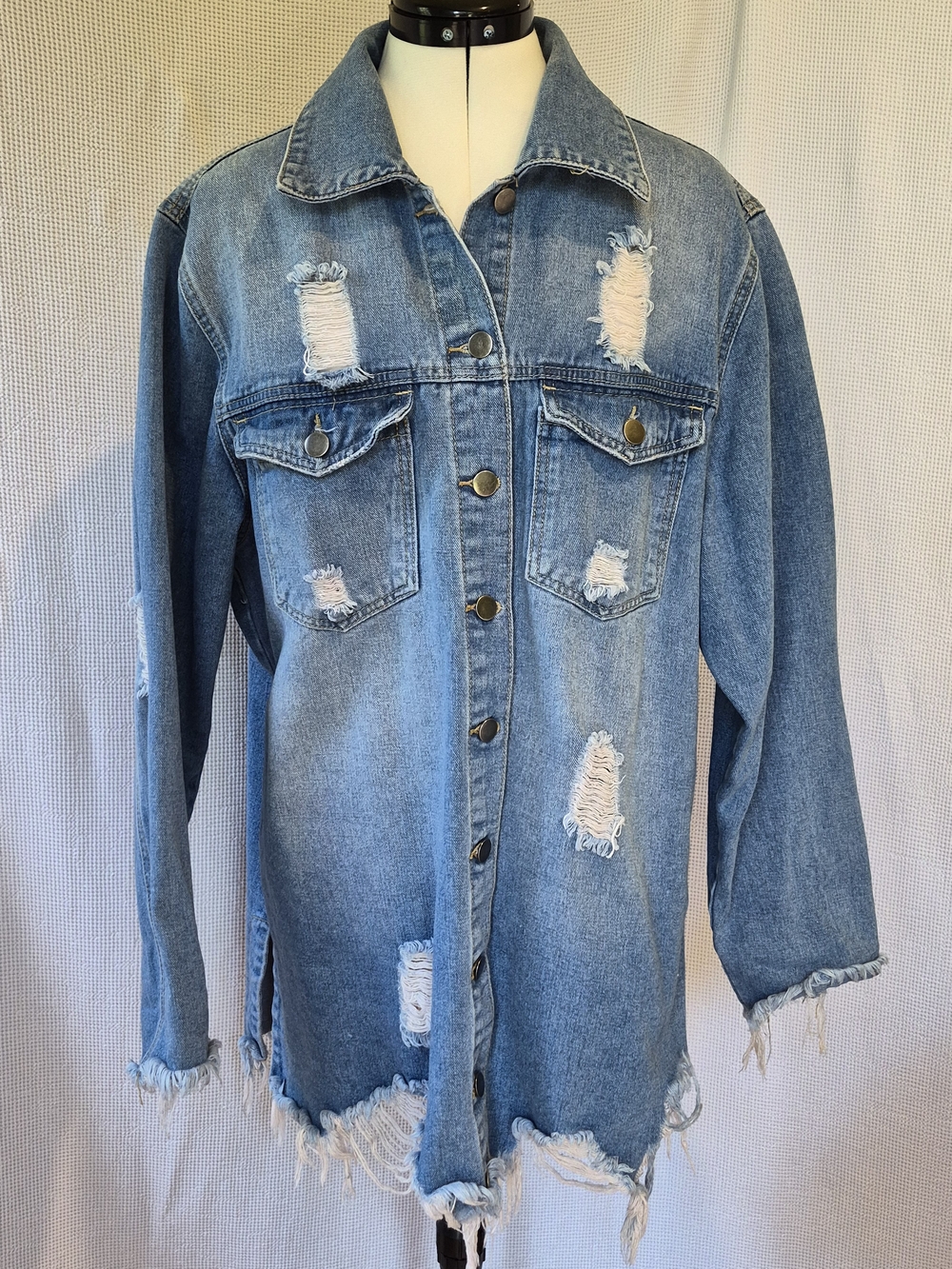 American Bazi Distressed Denim Jacket with Frayed Hem